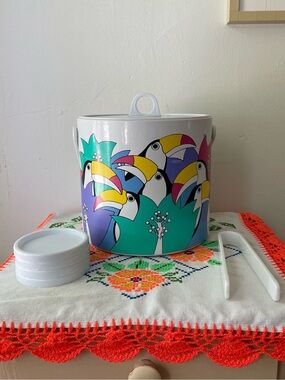 Vintage Toucan Ice Bucket with Coaster & Tongs